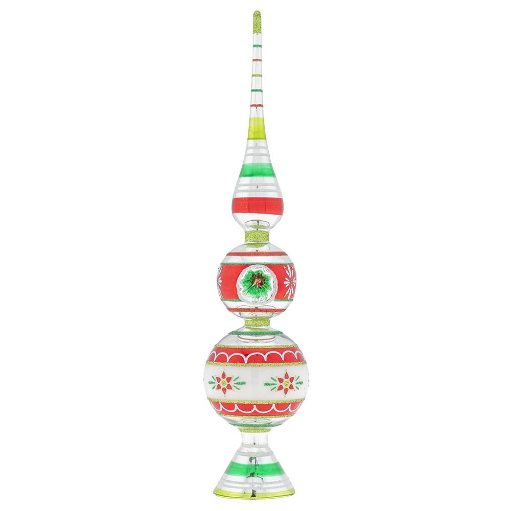 Back - Finial Description - Holiday Splendor 13" Finial Stand with Reflectors: Crafted in traditional holiday hues and vintage-inspired shapes, this delicate glass finial is the perfect finishing touch for your tree!