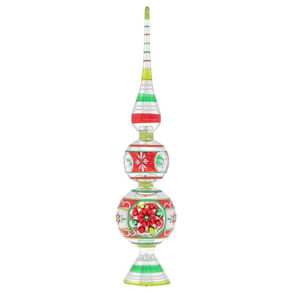 Finial Description - Holiday Splendor 13" Finial Stand with Reflectors: Crafted in traditional holiday hues and vintage-inspired shapes, this delicate glass finial is the perfect finishing touch for your tree!