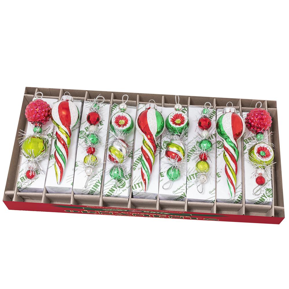 Ornament Set Description - Holiday Splendor 9 Count 4" Shape Icicles: Classic holiday hues, sparkling silver tinsel and vintage-inspired shapesâ€¦oh my! Nothing says Christmas nostalgia quite like this assortment of nine retro icicle ornaments.