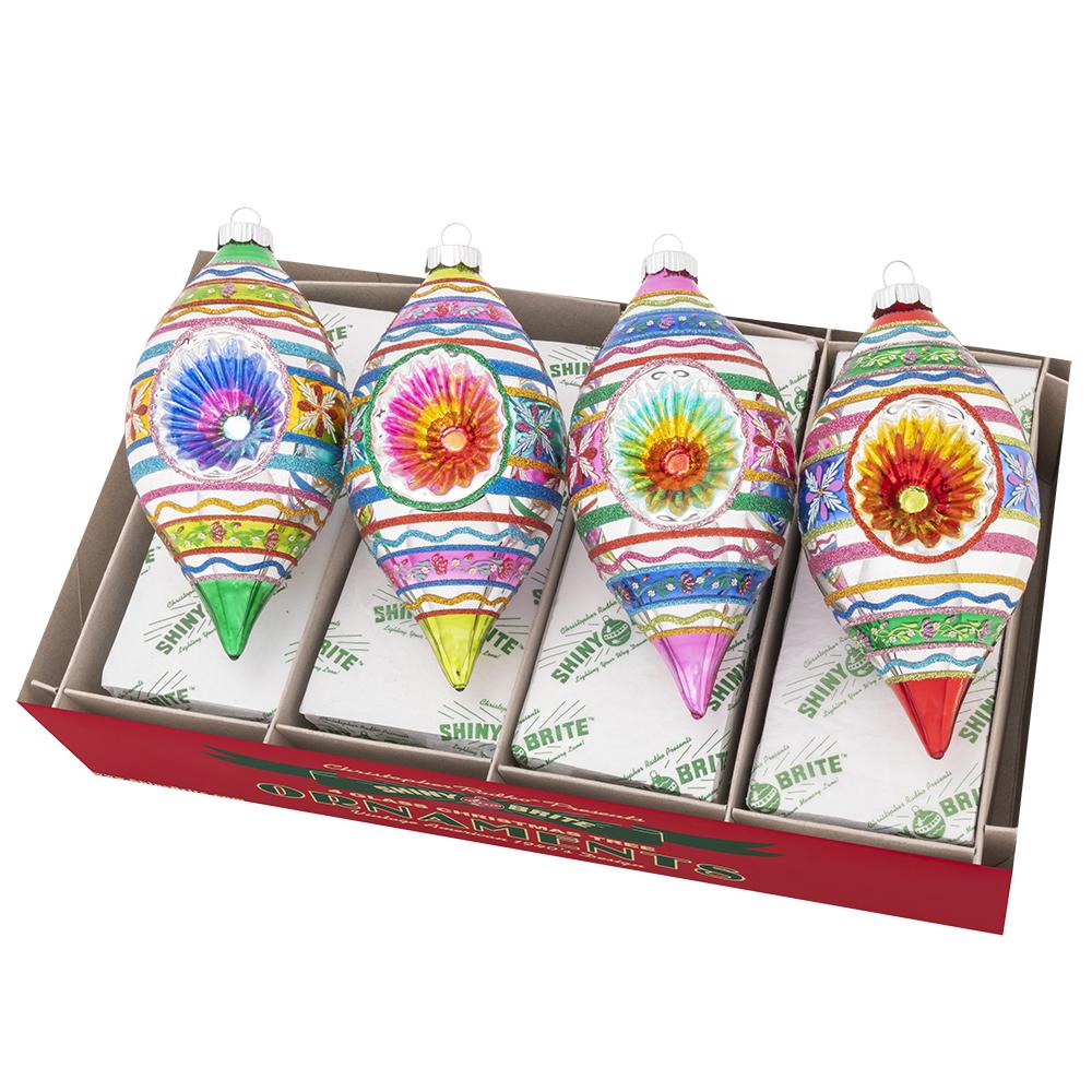 Ornaments - Description: Christmas Confetti 4 Count 7" Reflector Tulips - Bright colors, unique shapes, vintage-inspired motifs and plenty of sparkleâ€¦ this set of four gorgeous glass tulip ornaments has all the festive flair you could ask for!