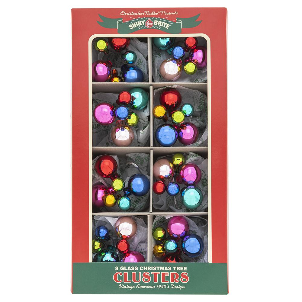 Ornaments - Description: Christmas Confetti 8 Count 6Pc 1" & .5" Clusters - Tiny bouquets of brightly-colored glass baubles assemble to create these eye-catching vintage-inspired cluster ornaments. Like confetti for your Christmas tree, they're sure to add festive flair to any holiday scene!