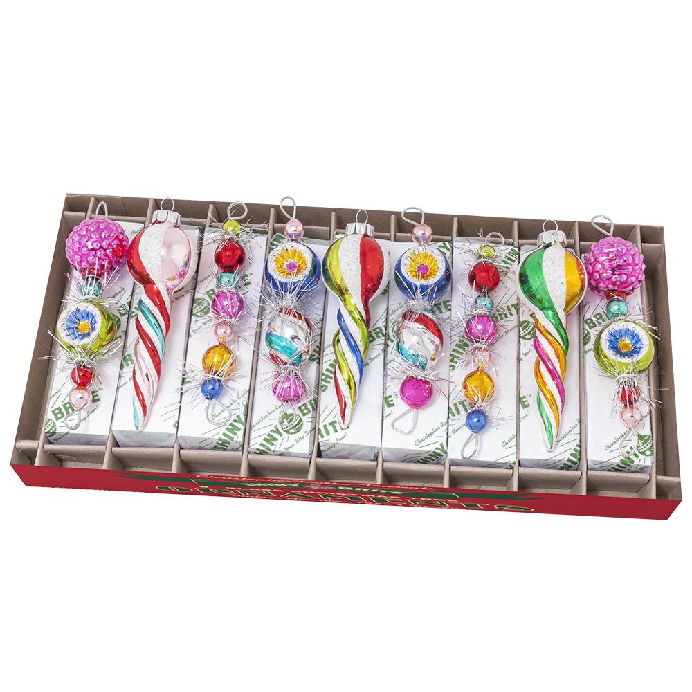 Ornaments - Description: Christmas Confetti 9 Count 4" Shape Icicles - Does it get any sweeter than this assortment of bright-colored, vintage-inspired icicle ornaments? Add sparkle and sentimentality to your tree with this 9-count set.