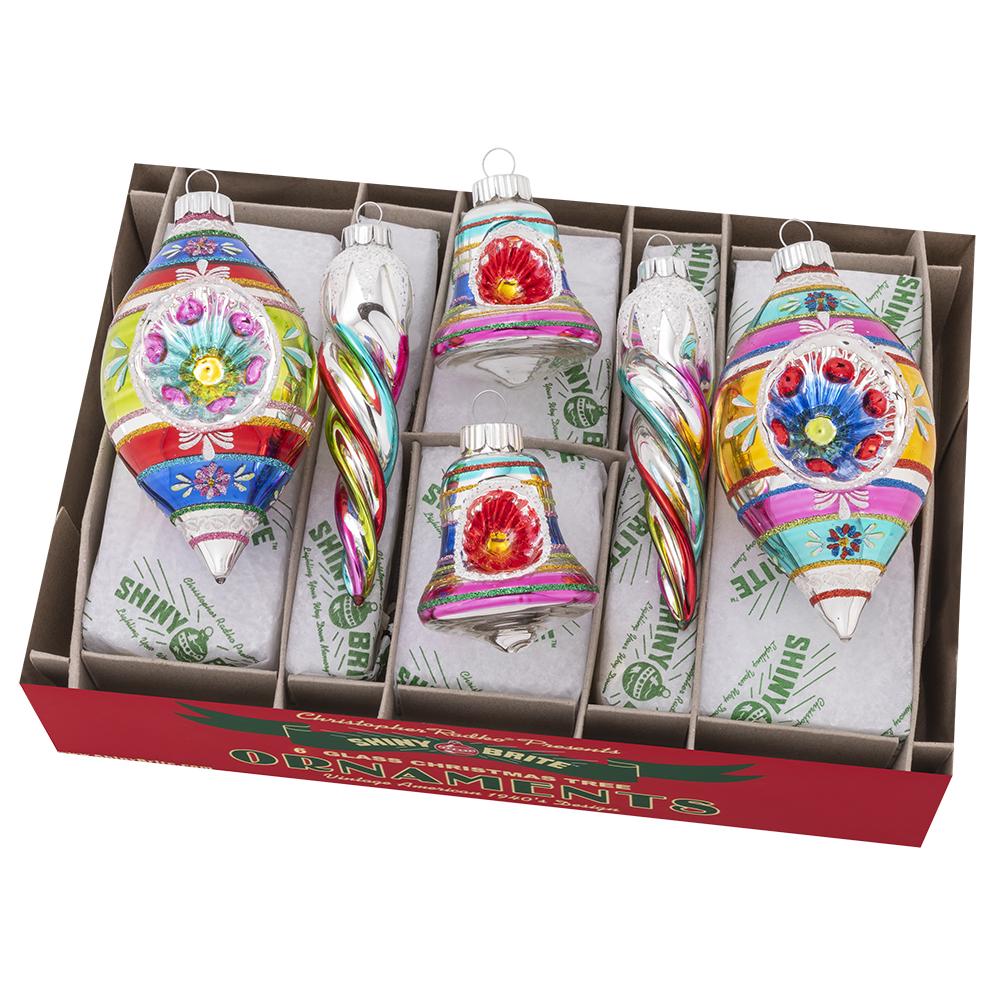 Ornaments - Description: Christmas Confetti 6 Count 4" Count Mixed Shapes - This collection of vintage-inspired glass ornaments in an assortment of shapes is the perfect way to add variety and vintage charm to your decor! A mix of icicles, tulips, and Christmas bells shine in a spectrum of retro colors.