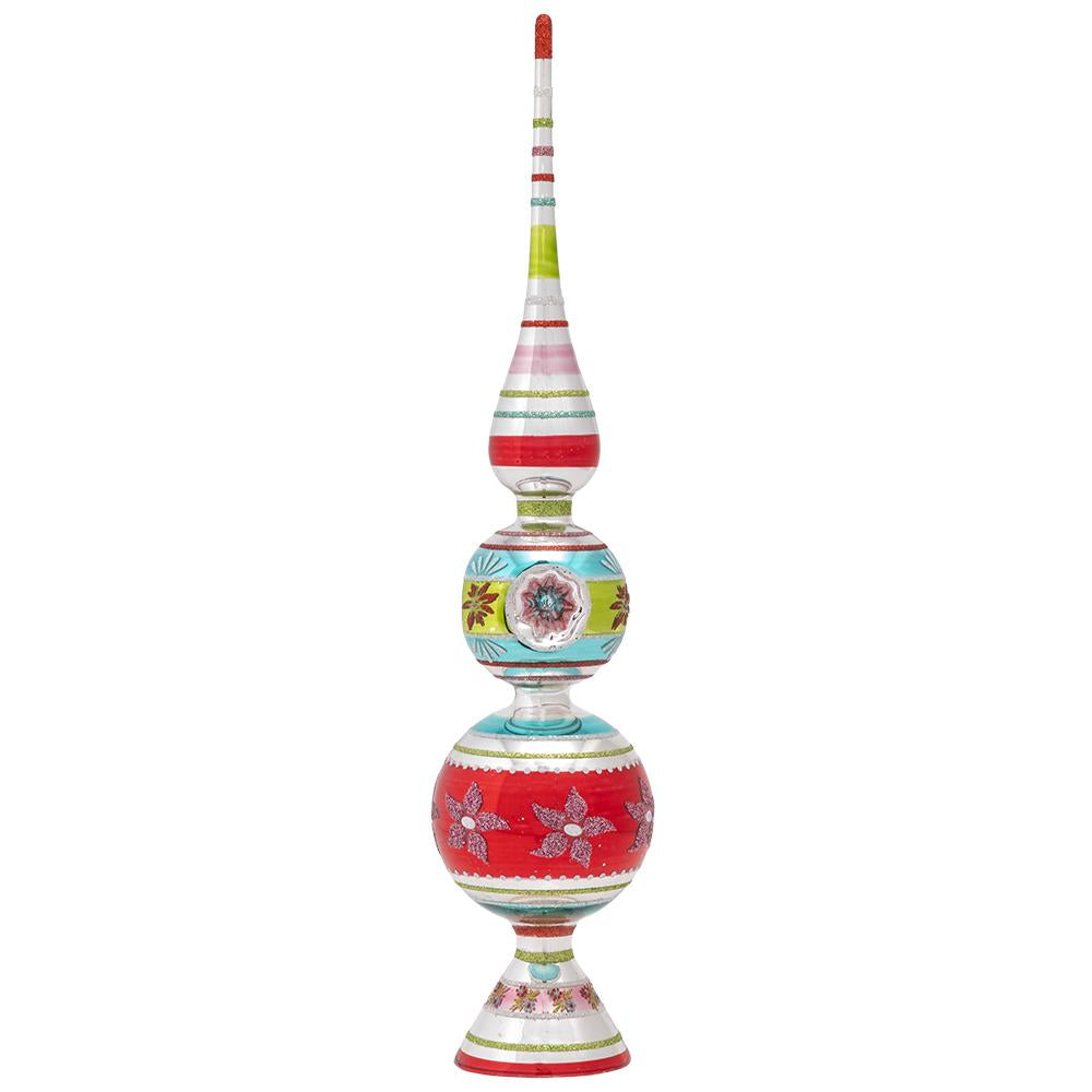 Back - Finial Description - Festive Fete 13" Finial Stand With Reflectors: This delicate glass finial in bright vintage-inspired colors and shapes is the show-stopping addition your ornament collection has been waiting for. Whether you display it on a stand or on top of your tree, this gorgeous piece is sure to turn heads!