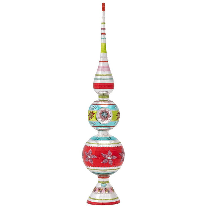 Back - Finial Description - Festive Fete 13" Finial Stand With Reflectors: This delicate glass finial in bright vintage-inspired colors and shapes is the show-stopping addition your ornament collection has been waiting for. Whether you display it on a stand or on top of your tree, this gorgeous piece is sure to turn heads!