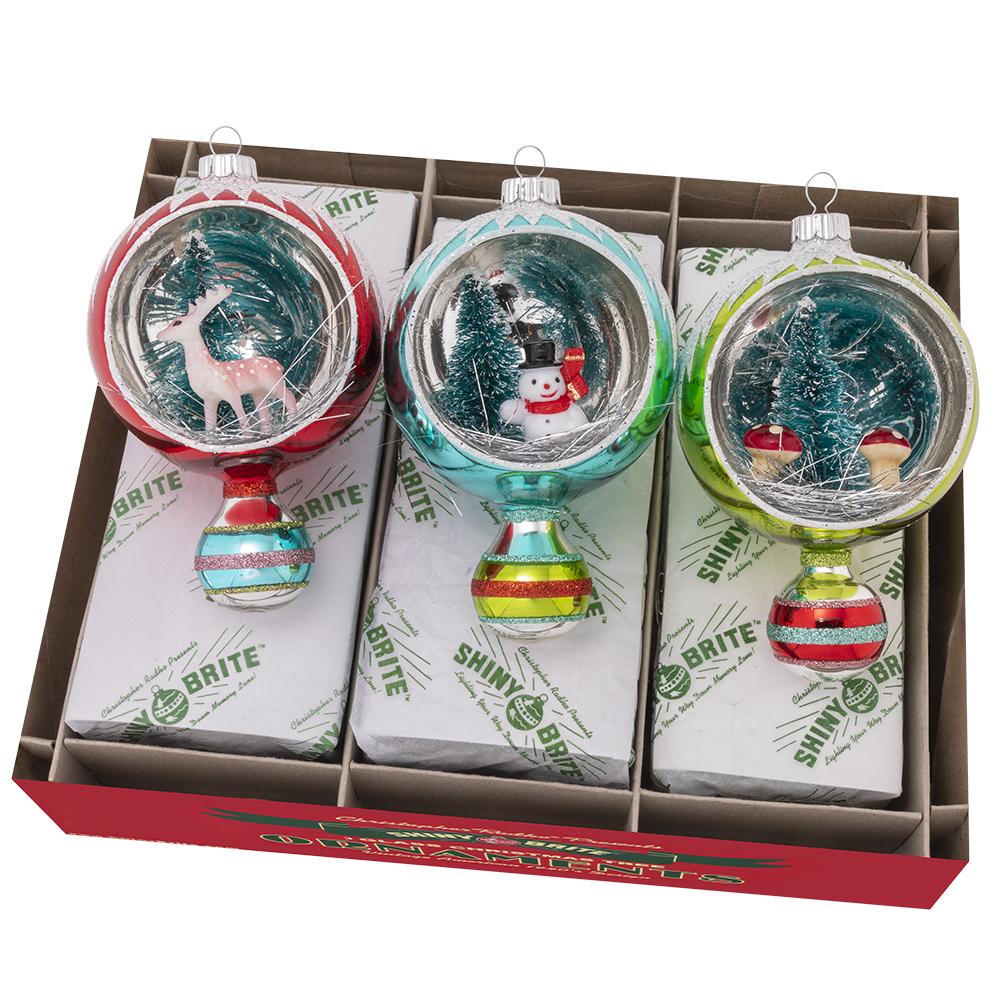 Ornament Set Description - Festive Fete 3 Count 4.25" Scene Rounds: Each of these three charming glass ornaments features a different three-dimensional winter scene. Created in vintage-inspired colors, they're the perfect retro addition to your collection!