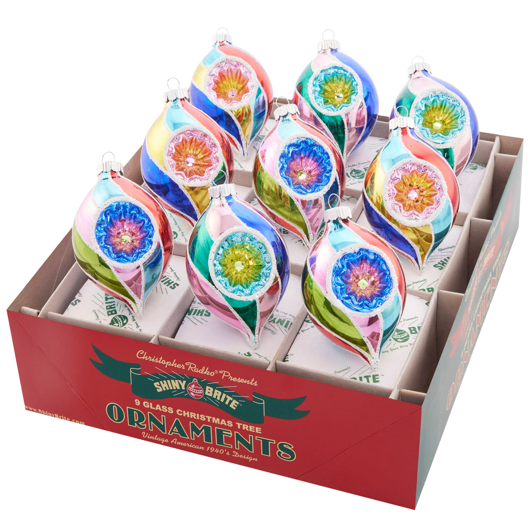 Boxed Set Ornament Description - Christmas Confetti 9 Count 2.5" Reflector Tulips: This candy-colored set of 9 reflector tulips will bring joy to your tree with their unique shape and vibrant, happy hues.