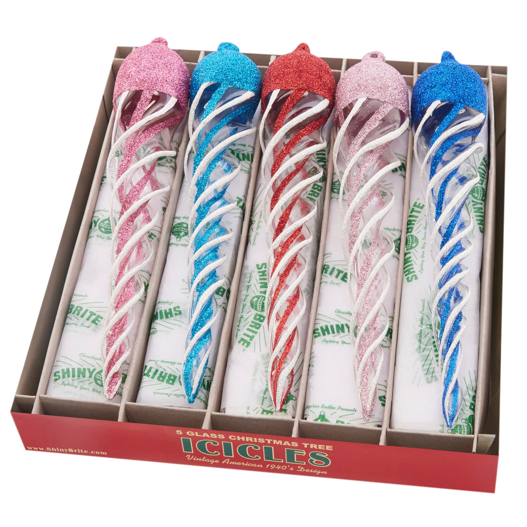 Boxed Ornament Set Description - Christmas Confetti 5 Count 8.5" Glass Icicles: Glittering and glamorous in candy and gem tones, these elegant icicle ornaments will be a sweet, stylish addition to your tree.