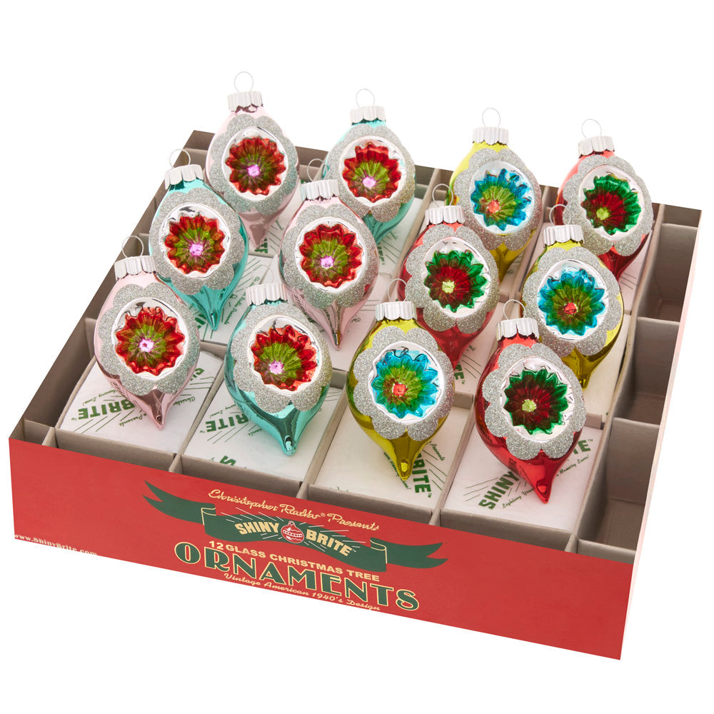 Ornament Set Description - Festive Fete 12 Count 1.75" Decorated Reflected Tulips: With their unique tulip shape and sparkling, vintage-style reflectors, these 12 colorful ornaments are the perfect addition to your tree.