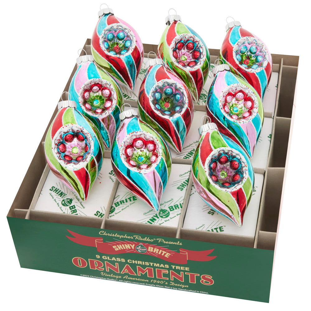 Ornament Set Description - Festive Fete 9 Count 2.5" Reflector Tulips: This array of vividly-colored reflector tulips will bring cheer to your tree with their unique shape and vibrant, happy hues.