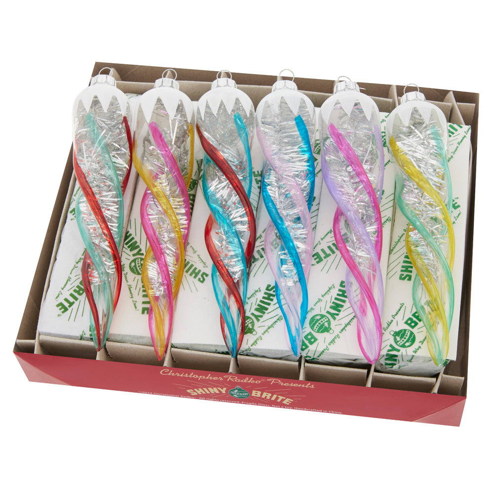 Ornament Description - Vivid Vintage 5 Count 5" Glass Icicles: Candy-colored, vivid glass winds together and is topped with snow in these iridescent icicle ornaments.