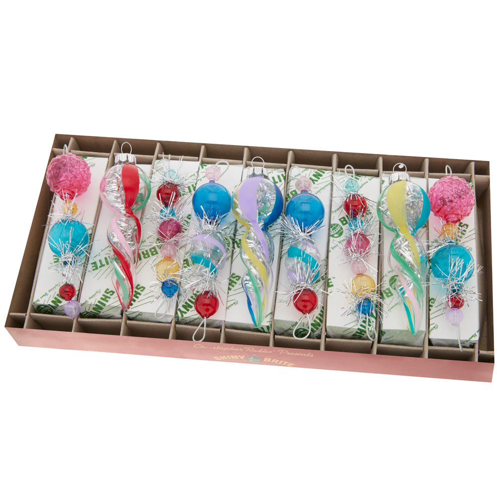 Ornament Set Description - Vivid Vintage 9 Count 4" Shape Icicles: These cute and colorful icicle shapes are the best way to celebrate the holidays, hanging beautiful and bright among the tree branches.