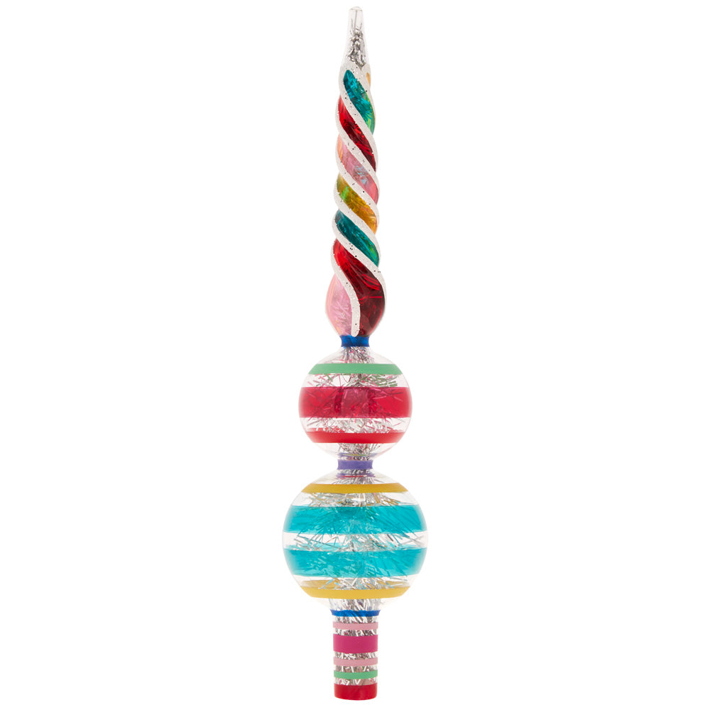 Back - Christmas Finial Description - Vivid Vintage 11.5" Decorated Finial Stand: Crown your tree in vividly-colored vintage style with this stunning and shining finial.