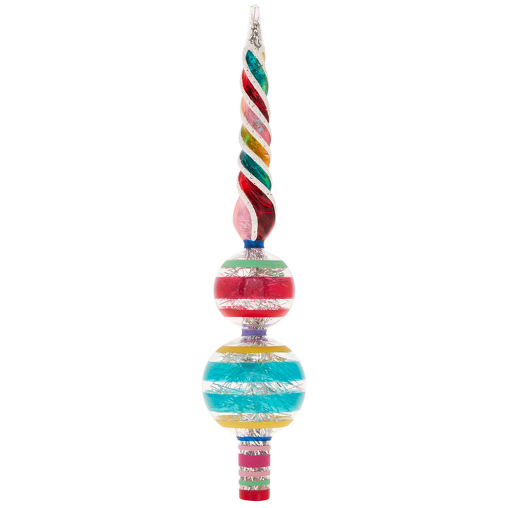 Back - Christmas Finial Description - Vivid Vintage 11.5" Decorated Finial Stand: Crown your tree in vividly-colored vintage style with this stunning and shining finial.