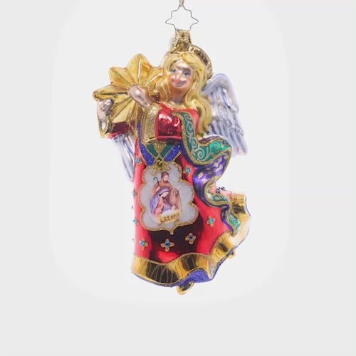 Video - Ornament Description - Christmas Star Angel: Soaring on wings of hope and love, this Christmas angel bears a golden star and a beautiful vignette of baby Jesus in the manger, a wonderful piece to celebrate the season.