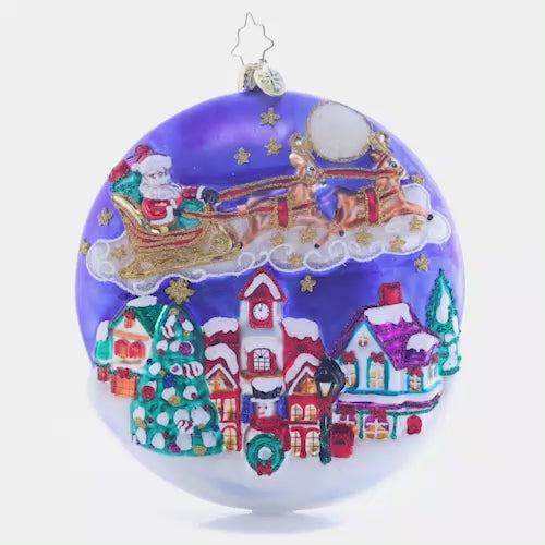 Video - Ornament Description - The Night Before Christmas: Over silent, snow-covered rooftops Santa soars, making his wonderful gift deliveries all around the world. This detailed round depicts a traditional Christmas story cherished by many. This video shows the ornament spinning slowly. 
