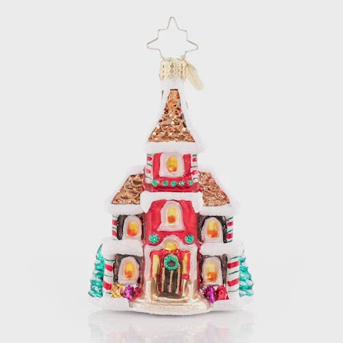 Video - Ornament Description - Grandeur in Ginger Gem: This delicious dwelling sure is sweet! A tempting treat from top to bottom, this petite palace is the picture of candy-coated holiday delight! This video shows the ornament spinning slowly.