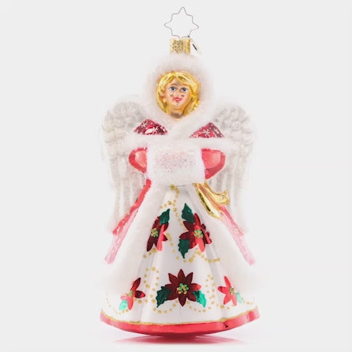 Video - Ornament Description - Holiday Joy Angel: Positively angelic in classic Christmas poinsettias, this gorgeous guardian is ready to grace your tree with joy and love. This video shows the ornament slowly spinning, 