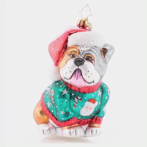 Video - Ornament Description - Man's Best Friend!: In a charming chunky Christmas sweater, this bulldog buddy is ready to celebrate the holidays with his human best friends! This video shows the ornament spinning slowly. 