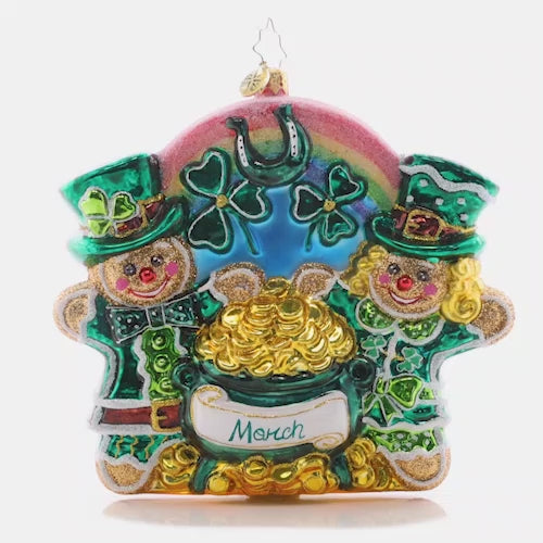 Video - Ornament Description - Sweet Pot of Gold: These wee little gingerbread cookies cheers to the Luck O' the Irish! The third piece in our Ornament of the Month collection is perfect for St. Patty's Day. This video shows the ornament spinning slowly