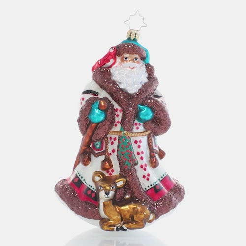 Video - Ornament Description - Woodland Magic Santa: Swathed in traditional Christmas tartan, Santa Claus looks every bit the magical woodland elf he is. He's right at home with forest friends during his nightly walk through the trees! This video shows the ornament spinning slowly. 