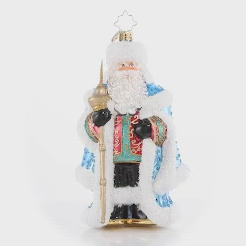 Video - Ornament Description - Spiffy For the Soiree: He is truly the king of Christmas! Looking positively royal in ice-blue regalia, Santa awaits the arrival of his guests at his annual holiday jubilee. This video shows the ornament spinning slowly. 