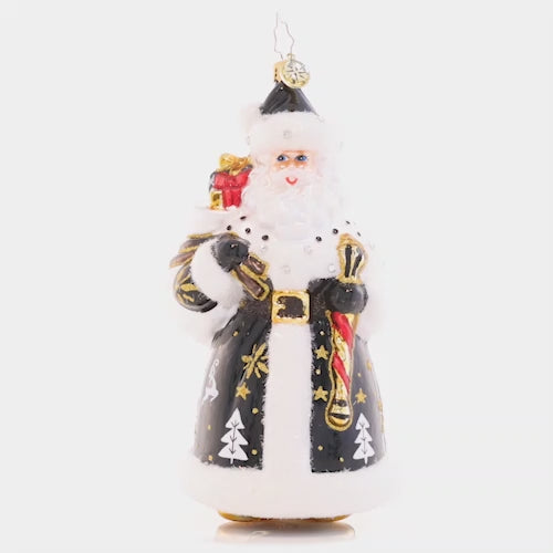 Video - Ornament Description - Luxe Saint Nicholas: Looking luxurious as ever in a gold-accented black robe, Santa is ready to bring sumptous style to any Christmas soirée this season. This video shows the ornament spinning slowly