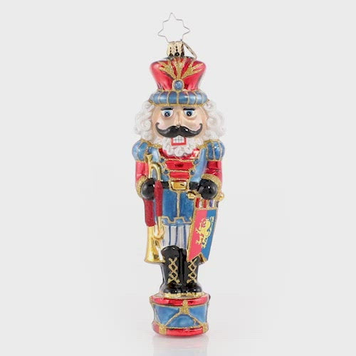 Video - Ornament Description - Noble & Knightly: Congratulations are in order-- this noble gentleman was just bestowed the great honor of knighthood by the Queen of Toyland. That is Sir Nutcracker to you! This video shows the ornament spinning slowly. 