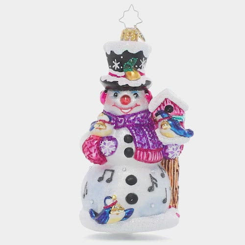 Video - Ornament Description - Christmas Birdsong: The fourth piece in our Ornament of the Month collection celebrates the fourth day of Christmas. Cheerful calling birds surround our smiling snowman friend in sweet birdsong on a snowy winter morning. The best way to start the day!