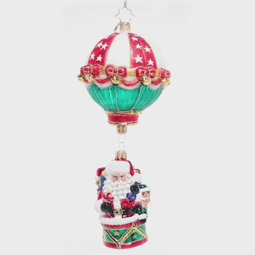 Video - Ornament Description - Soaring to Holiday Heights: Up, up, and away! Santa has given his reindeer the day off, loading up the Claus hot air balloon to make all his special Christmas deliveries. This video shows the ornament spinning slowly. 
