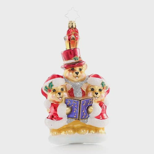 Video - Ornament Description - Introducing the Bear-I-Tones: They say the best way to spread Christmas cheer is singing loud for all to hear! These caroling cuties have gathered to make beautiful music for their peaceful village. This photo shows the ornament slowly spinning. 