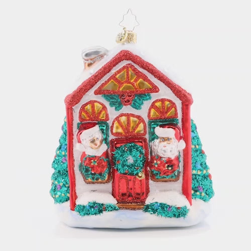 Video - Ornament Description - Santa's Holiday Home: After a winter whirlwind of delivering Christmas gifts, Santa is ready to relax at home for the remainder of the holiday season. Him and Mrs. Claus are nice and cozy in their cheerful cottage. This video shows the ornament spinning slowly. 
