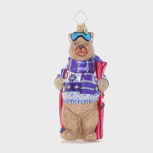 Video - Ornament Description - Fuzzy Wuzzy Skier: This bundled up bear looks poised to hit the slopes! He's looking forward to a bluebird day and a hot cup of cocoa afterward.