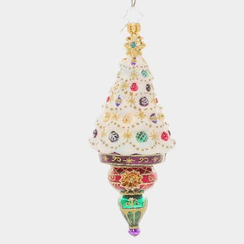 Video - Ornament Description - Christmas Treasures Tree: Treat yourself to a resplendent white Christmas with this ornate tree icicle ornament! Detailed with gold filigree and jewel-toned ornaments, this snow-white Christmas tree is the perfect pop of luxe sparkle for your collection! This special ornament has been hand-picked by the Radko team to be part of the Limited Edition collection.