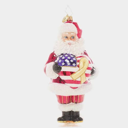 Video - Ornament Description - Thank A Vet: Santa holds a star-spangled heart and with a yellow remembrance ribbon to show his heartfelt gratitude and respect for our brave veterans. Have you thanked a vet today? A percentage of the sales from this ornament will benefit Veteran’s charities. This video shows the ornament spinning slowly.