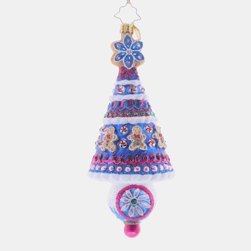 Video - Ornament Description - The Sweetest Season: Trimmed with gingerbread men and topped with a snowflake-shaped Christmas cookie, this tree certainly is the sweetest spruce of the season. This video shows the ornament spinning slowly. 