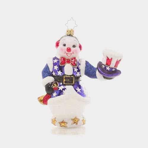 Video - Ornament Description - Star Spangled Snowman: This snowman is showing his patriotic pride! He tips his hat to the country he loves as he prepares to play the bugle for the town celebration. This video shows the ornament spinning slowly. 