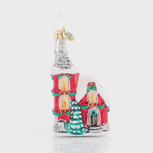 Video - Ornament Description - The Charming Chapel: Even the deepest snow flurries won't stop friends and family from traveling far and wide to celebrate together at their beloved Christmas chapel. This video shows the ornament spinning slowly. 