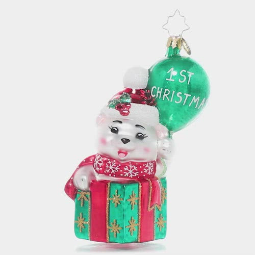 Video - Ornament Description - Baby Bear's 1st Christmas: This baby bear is peeking out of a gift box, ready to share a cheerful message – Happy 1st Christmas to the new arrival in your life!