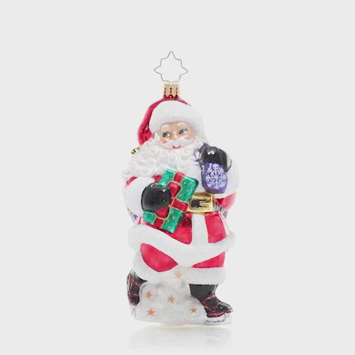 Video - Ornament Description - Skating Through the Season: Santa is right at home on the ice, gliding along with his bag filled with Christmas treasures. Careful on those turns, Santa – we need you in top form for Christmas Eve! This video shows the ornament spinning slowly. 