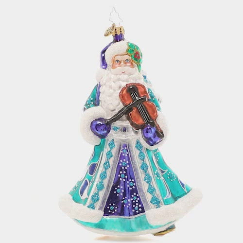 Video - Ornament Description - Fancy Fiddler Santa: Play us a tune, Santa! This luxurious traditional Claus is dressed to the nines in cool greens and blues, ready to serenade you with a sweet holiday tune on his violin. 