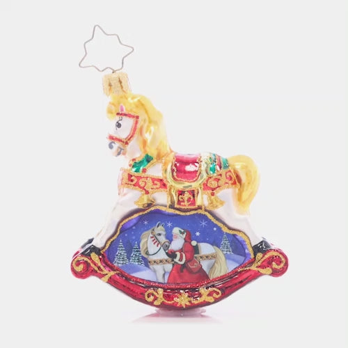 Video - Ornament Description - Resplendent Rocking Horse Gem: Ornately decorated with a snowy scene of Santa and his noble steed, this ornament is a timeless and traditional piece to adorn your tree. This video shows the ornament spinning slowly. 