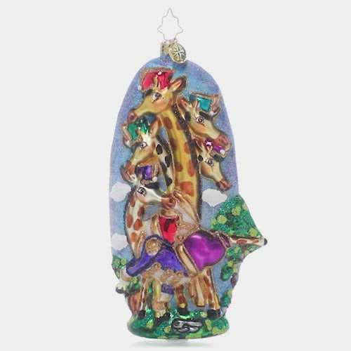 Video - Ornament Description - Leage of Lords: Part of our Ornament of the Month series, this collectible piece showcases our "wild" take on the 10th day of Christmas and its Ten Lords A-Leaping. You can't help but smile back at the ten leggy giraffes grinning from both sides of this ornament! This video shows the ornament slowly spinning, 