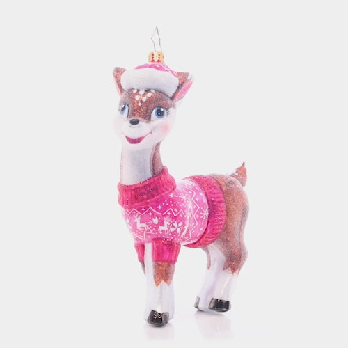 Video - Ornament Description - Cozy Up Baby Deer: Fawn over your new arrival with this darling ornament, featuring a darling baby deer in a cozy pink sweater and Santa hat.