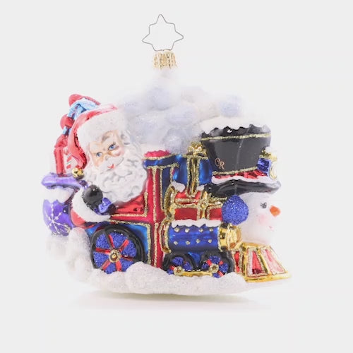 Video - Ornament Description - All Aboard!: All Aboard the wintery Santa train heading to the station. Once the gifts are delivered, there'll be much elation!