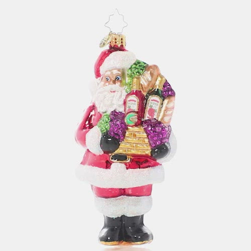Video - Ornament Description - Wine Night Santa: Santa didn't forget the grownups on his good list this year – he comes bearing gifts of wine, cheese and baguettes. Cheers everybody! This video shows the ornament spinning slowly. 