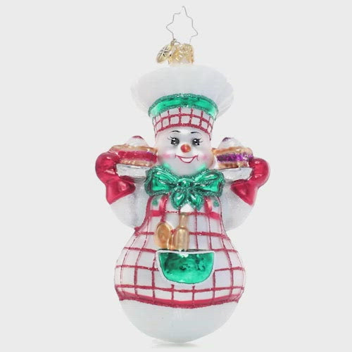 Video - Ornament Description - Jolly Baker Snowman: What's that delicious smell? It's Christmas pie, of course! This baker knows that one of the best parts of the holiday season is the sweet stuff – and sharing it with those we love! This video shows the ornament slowly spinning. 