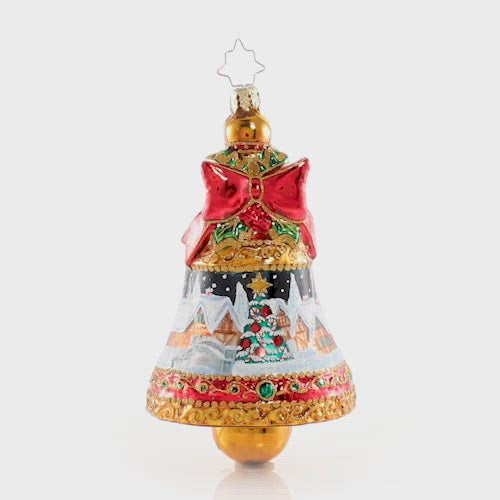 Video - Ornament Description - Sounds of A Fanciful Christmas: Ding dong, ding dong! Ring in the season with this glittering golden bell featuring a snowy Christmas scene. This video shows the ornament spinning slowly. 