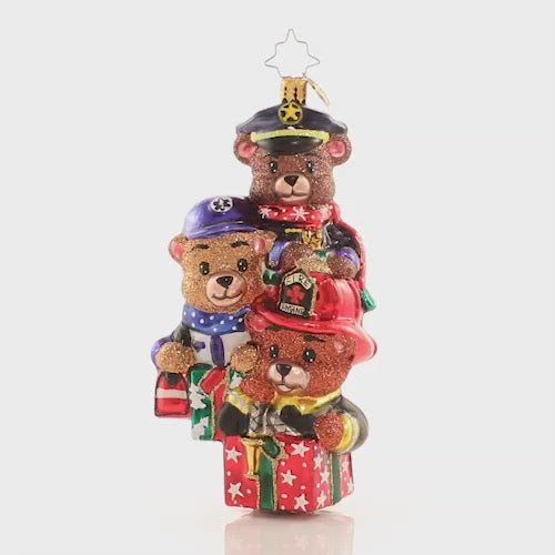 Video - Ornament Description - Beary Best Rescuers: Now more than ever, we are grateful to all the men and women who have dedicated their lives to being "first in, last out". Honor the brave first responders in your life with this beary charming trio! A percentage of sales from this special ornament will go to a charity that supports First Responders. 