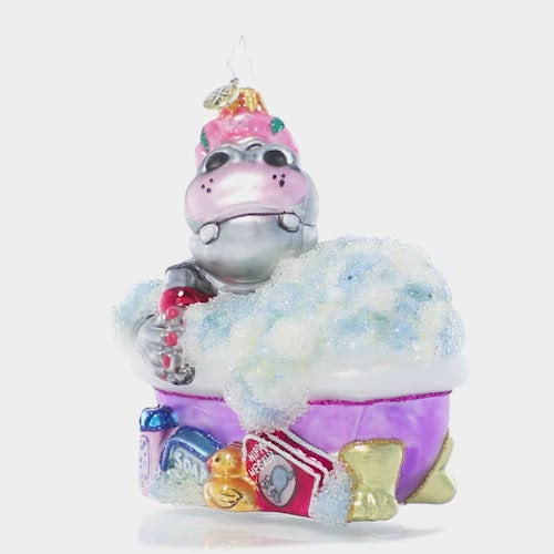 Video - Ornament Description - Bathtime Bubbles: Splish splash! This happy hippo is treating herself to some seriously stylin' self-care in a relaxing bubble bath.